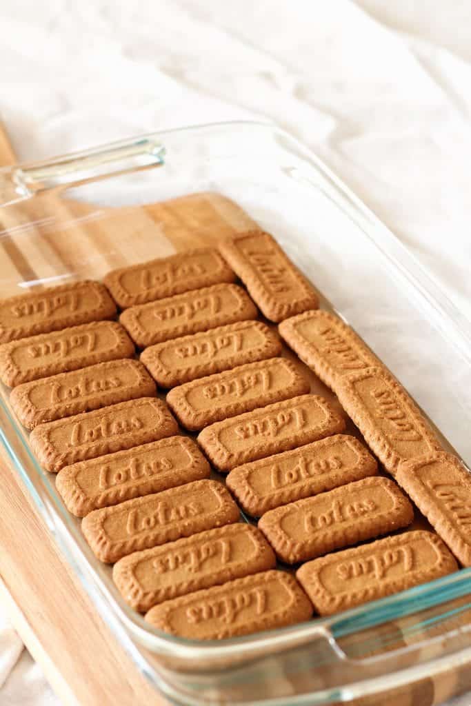 Cookies layered in a baking dish.