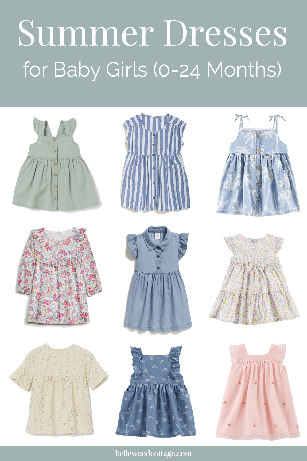 Collage image of summer dresses for baby girls.