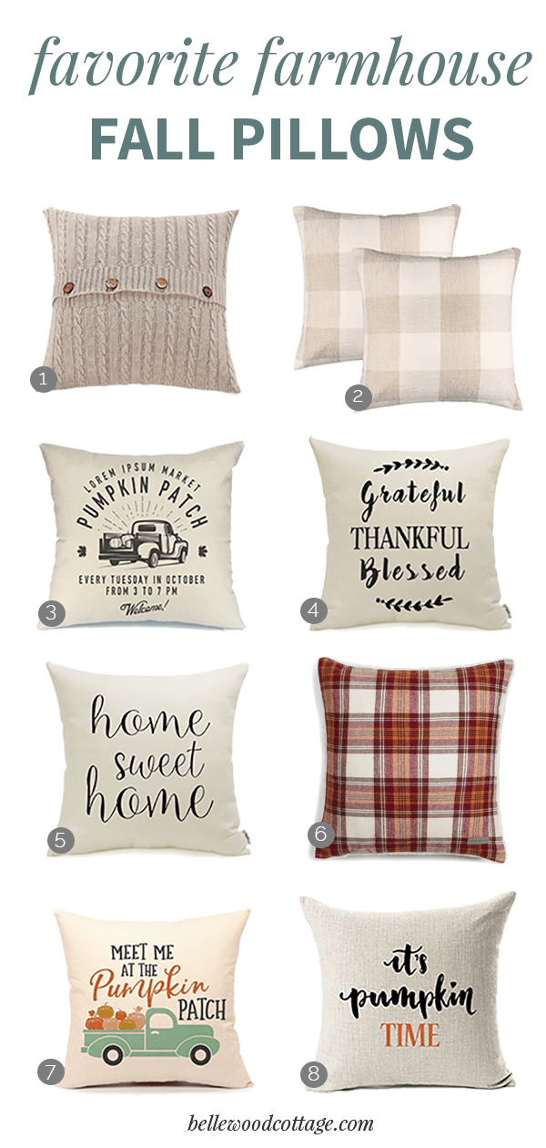 Eight farmhouse style fall pillow covers in a collage image with the words, "Favorite Farmhouse Fall Pillows"