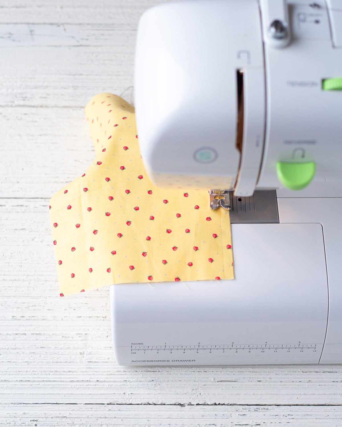 Stitching a seam on a sewing machine.