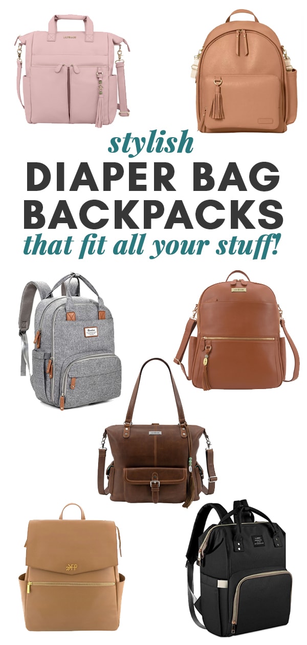 A collage image of 7 diaper bags with the words, "stylish diaper bags that fit all your stuff!"