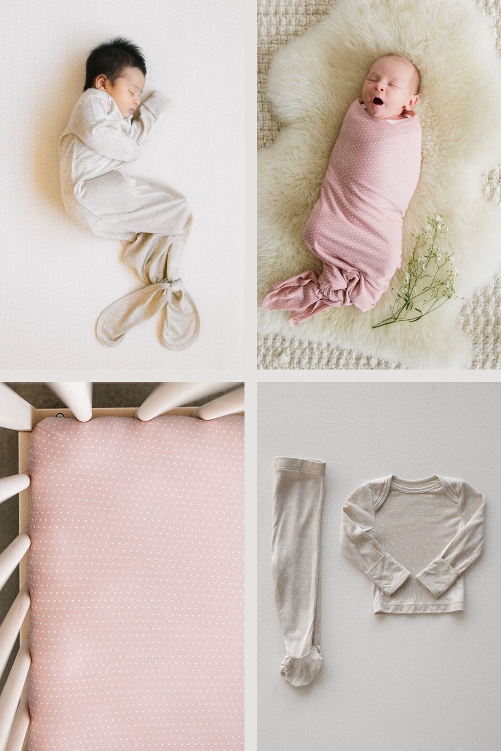 Solly Baby Products including a crib sheet, newborn pajamas, swaddle, and sleep gown.