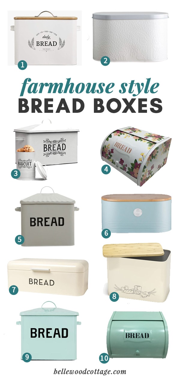 A collage of farmhouse bread boxes with numbers for easy reference.