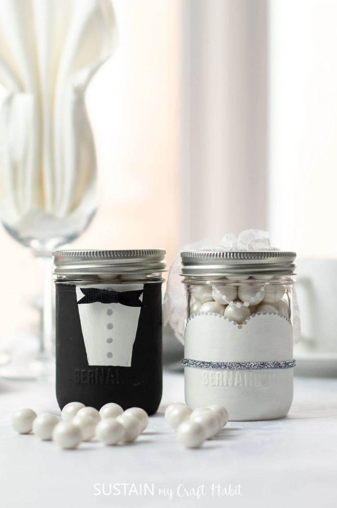 Bride and groom mason jar wedding favors.