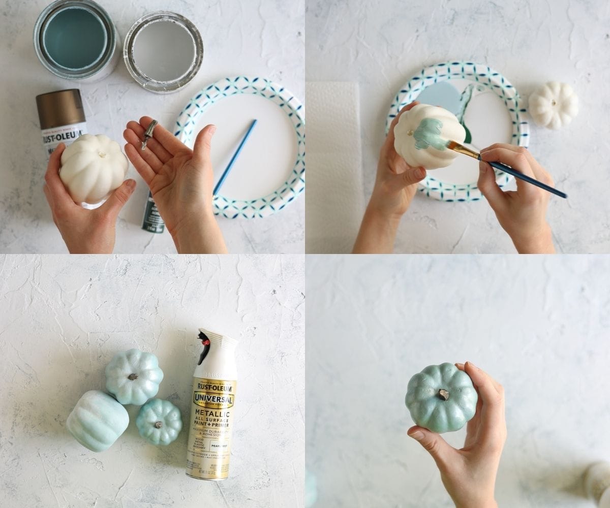 A collage of four step-by-step images of chalk painting pumpkins.
