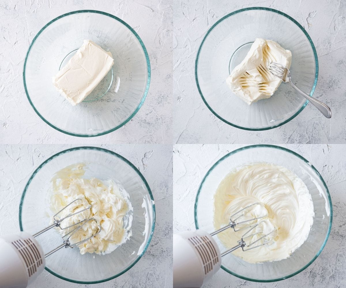 Step-by-step photos of softening and whipped cream cheese.