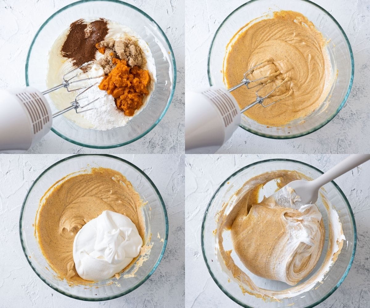 Step-by-step photos of mixing no bake cheesecake batter.