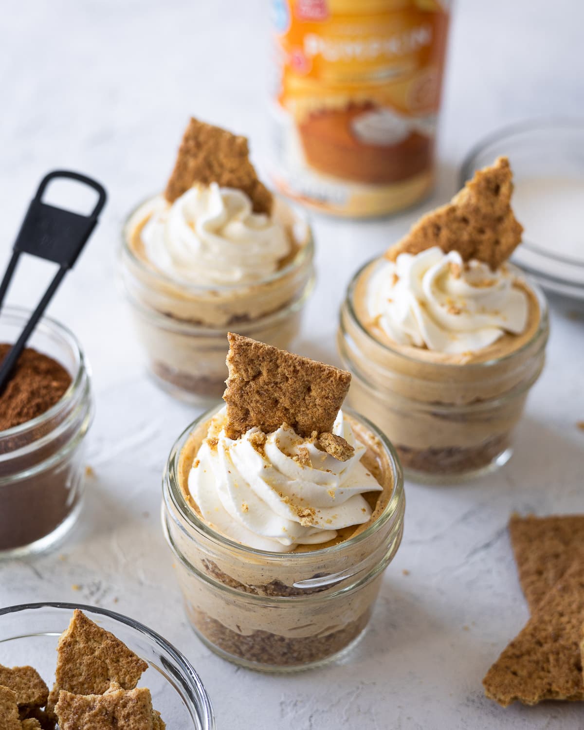 Mini pumpkin cheesecakes topped with whipped cream and graham cracker shards.