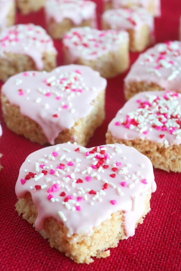 Pink frosted Valentine's Marshmallow Crispy Treats.