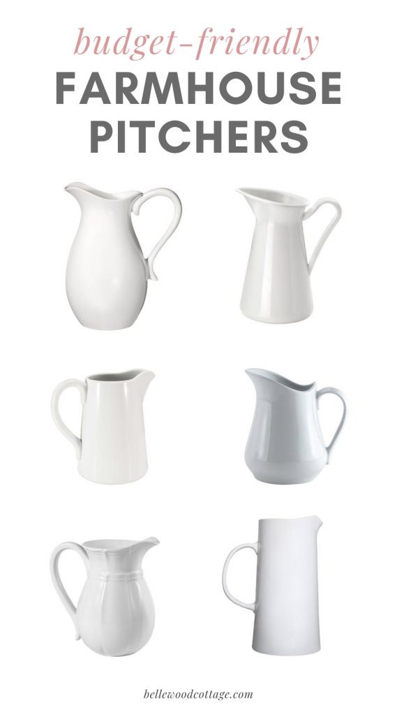 A selection of farmhouse pitchers—white porcelain pitchers.