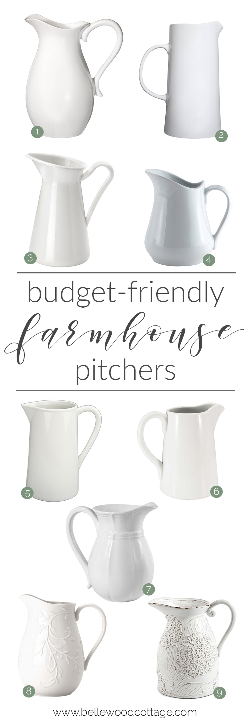 A selection of farmhouse pitchers—white porcelain pitchers.