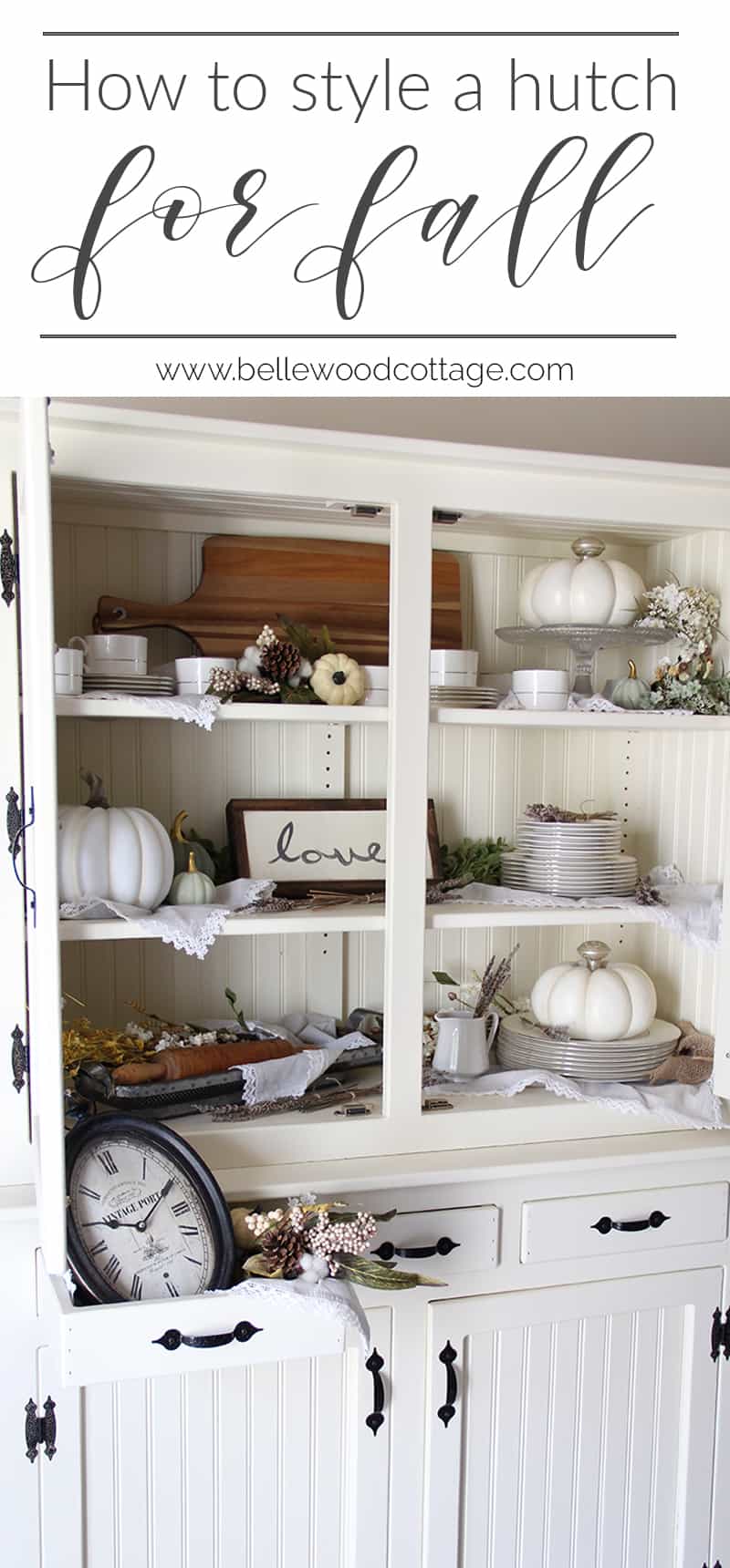 Learn how to maximize your decorating budget and use the decor you already own to style a beautiful fall farmhouse hutch!