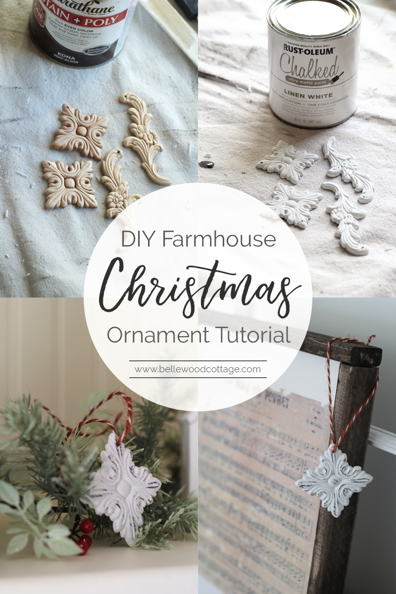 Make this easy DIY Farmhouse Christmas Ornament with supplies including chalk paint and inexpensive wood appliqués. A tutorial from Bellewood Cottage