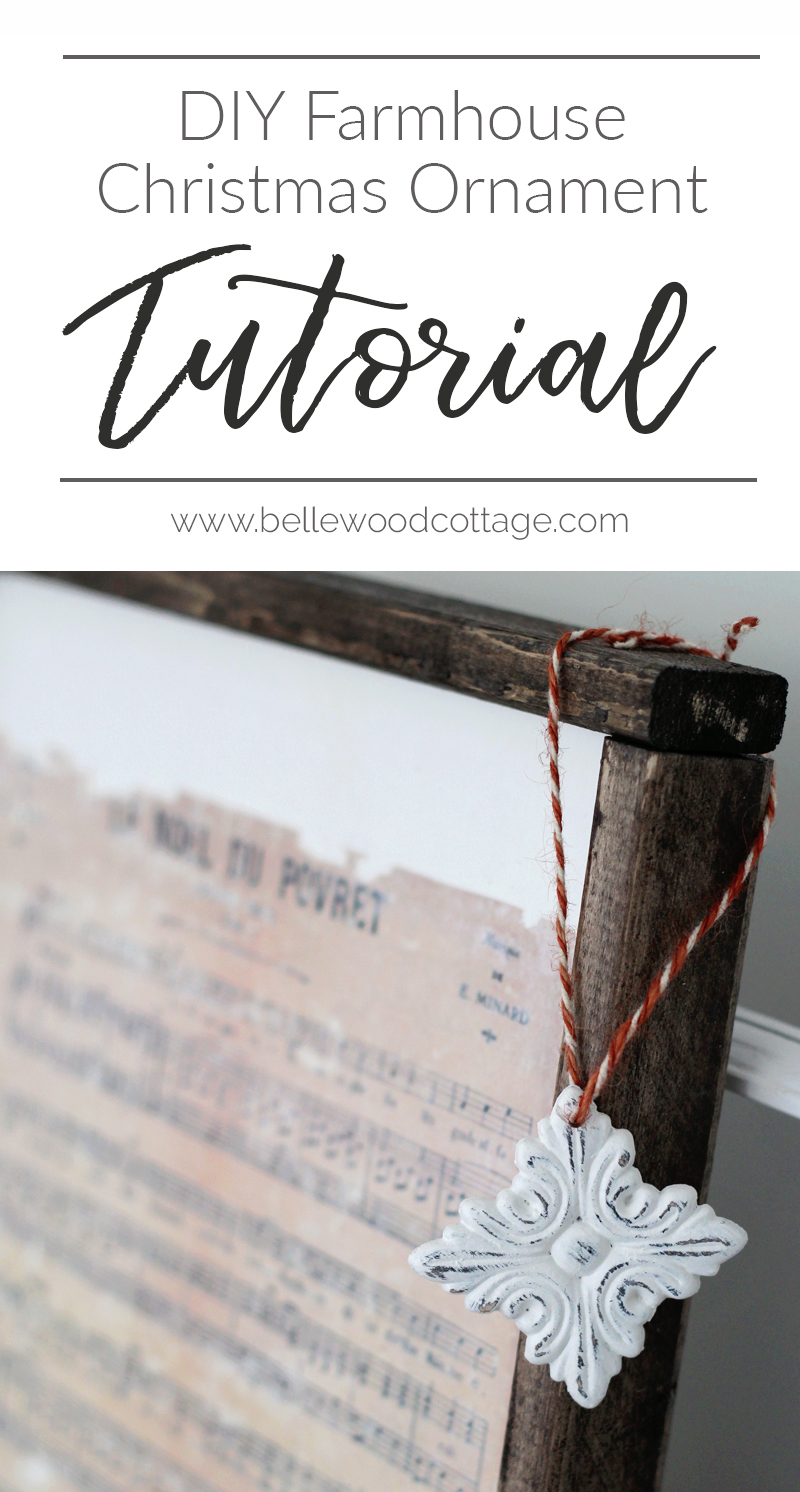 Make this easy DIY Farmhouse Christmas Ornament with supplies including chalk paint and inexpensive wood appliqués. A tutorial from Bellewood Cottage.