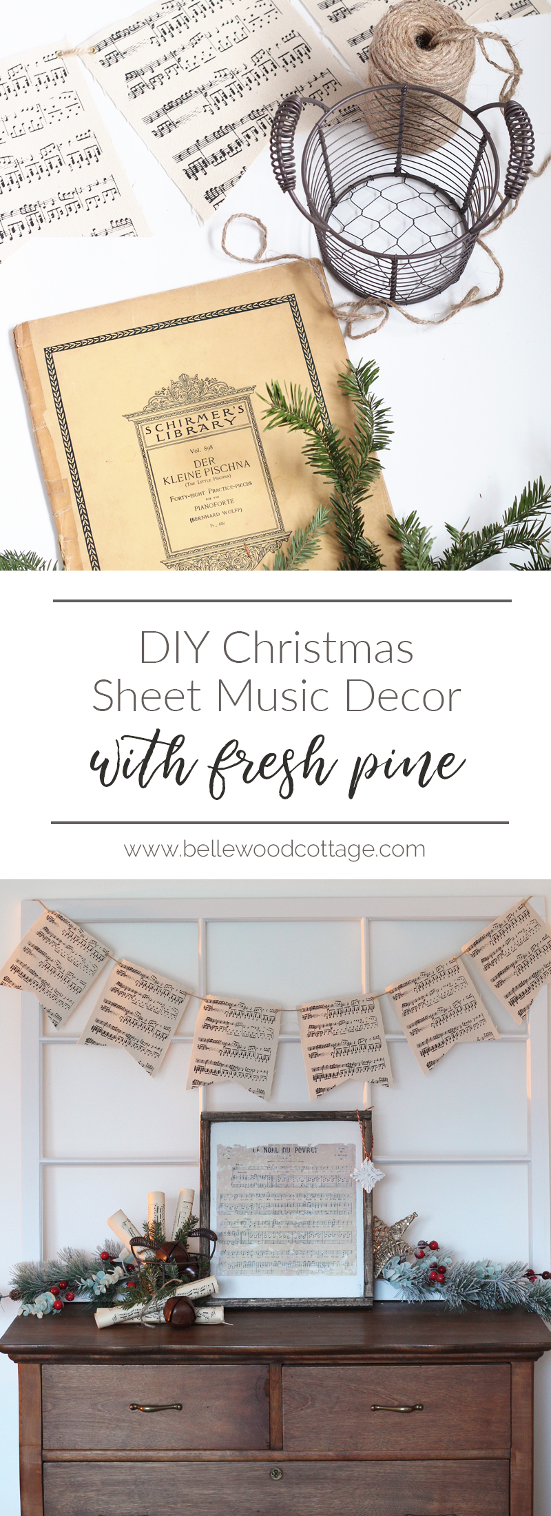 Get inspired to create pretty DIY Christmas decorations with this easy idea for incorporating sheet music decor and fresh pine into your homemade Christmas!