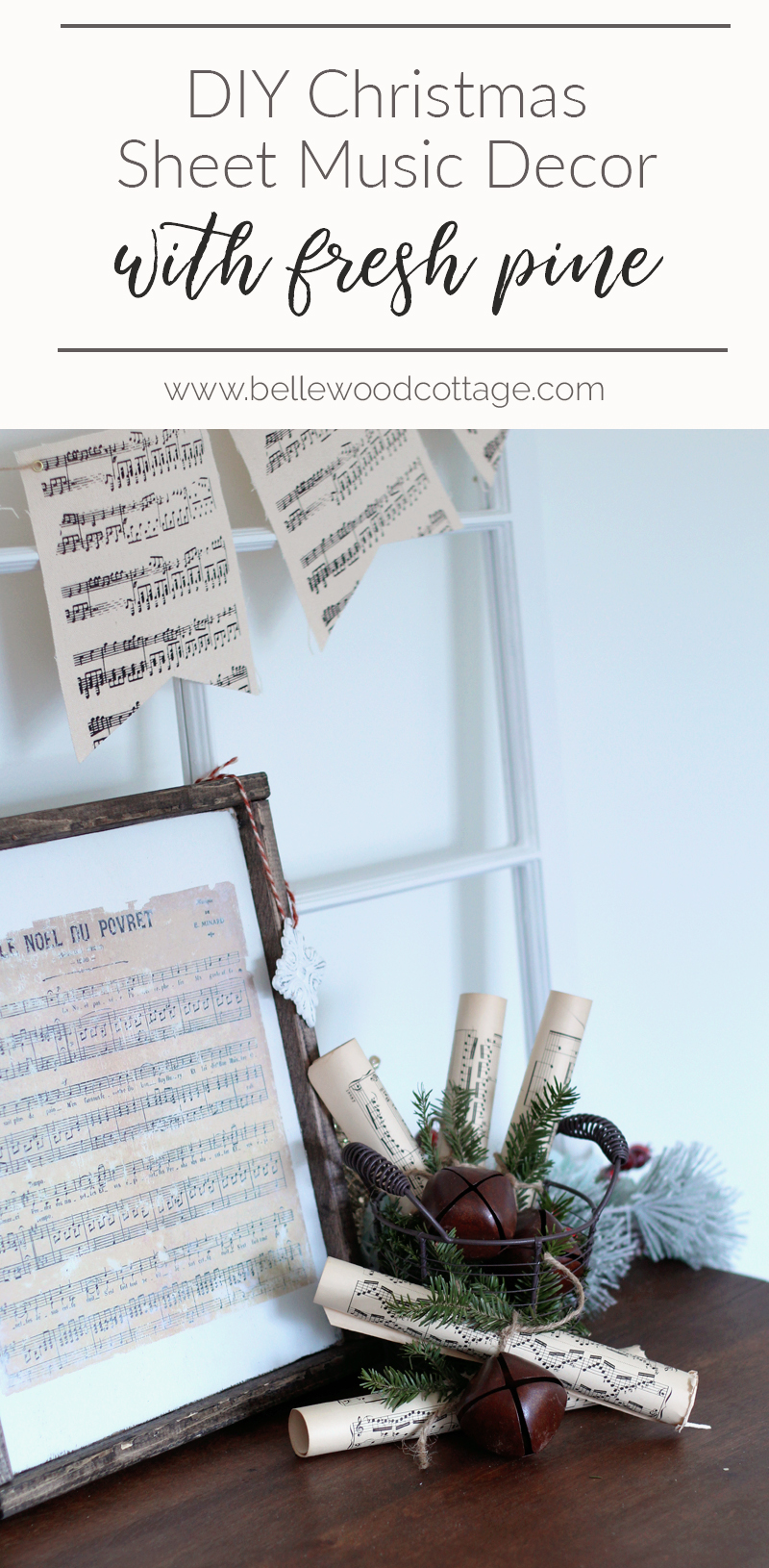 Get inspired to create pretty DIY Christmas decorations with this easy idea for incorporating sheet music decor and fresh pine into your homemade Christmas!