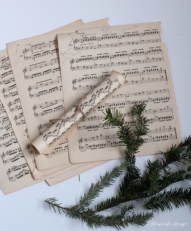 DIY Christmas Sheet Music Decor with Fresh Pine - Bellewood Cottage