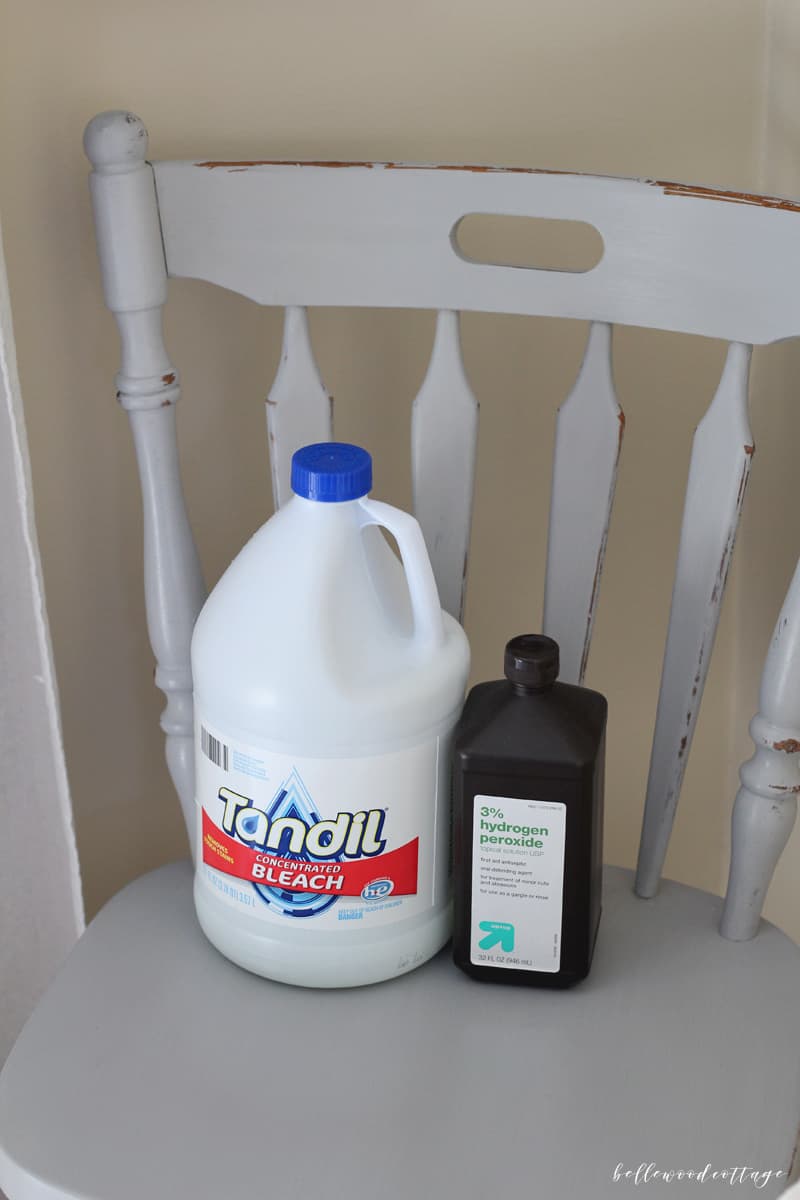 Bleach and hydrogen peroxide for bleaching drop cloths.