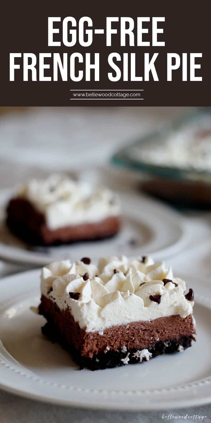 A square slice of egg-free French Silk Pie cut from a 13"x9" baking dish.