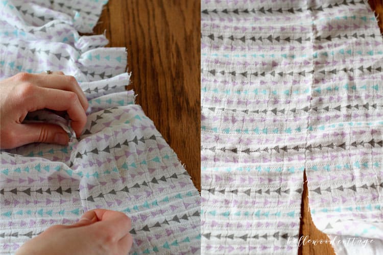 Showing how to straighten muslin fabric on a wooden surface.