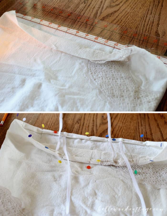 Learn how to make DIY drop cloth pillows using bleached drop cloths, antique lace, and a fun tecnhique that will make one pillow cover look like two!