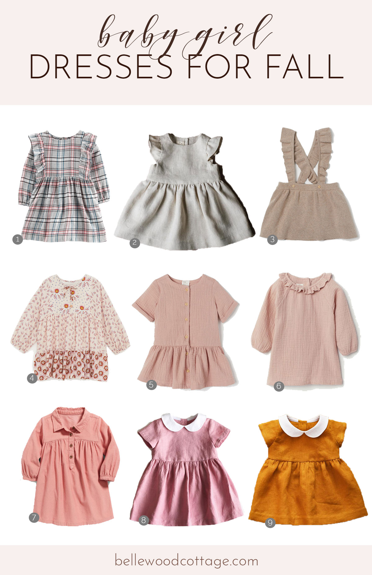 Nine baby girl dresses in pink colors in three by three rows.