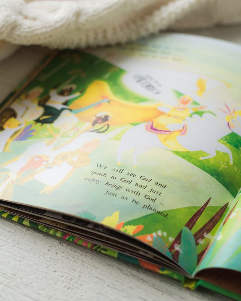 A close-up view of the illustrations in the Garden, the Curtain, and the Cross book.