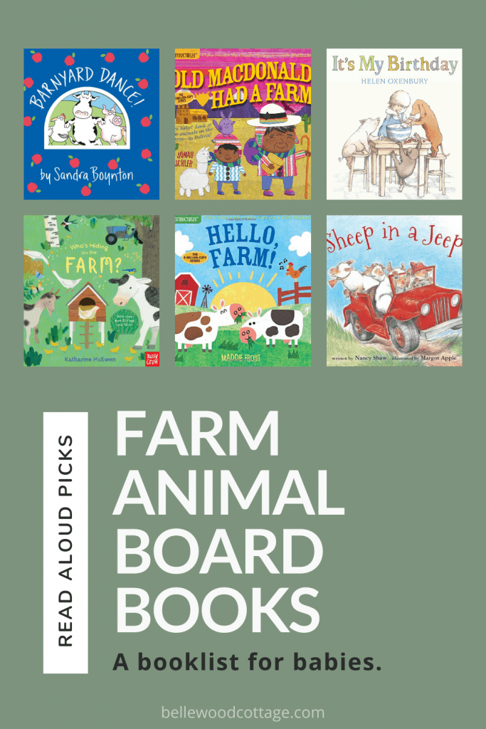 A collage image of farm animal books for babies.