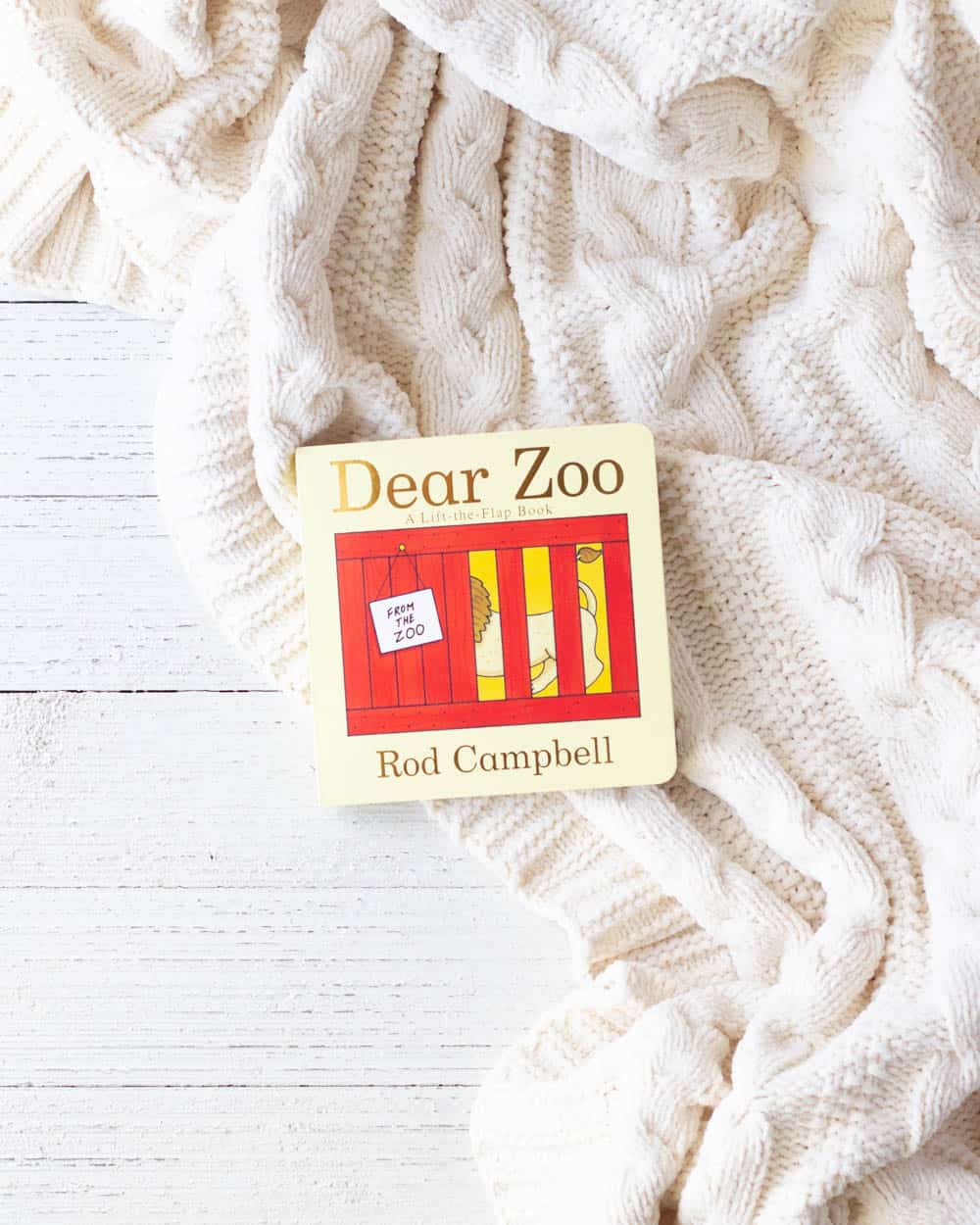 A board book copy of Dear Zoo by Rod Campbell on a wooden surface.