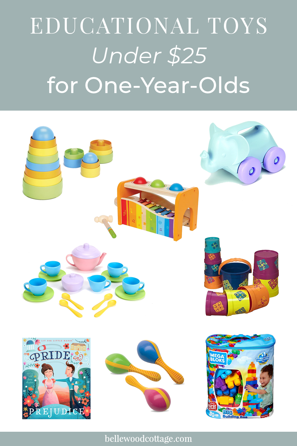 Educational toys under $25 for one-year-old toddlers including stackers, a xylophone, and buckets.