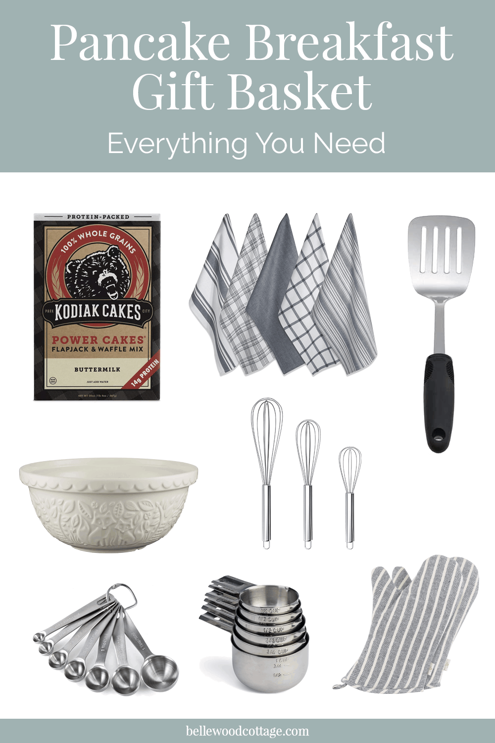 A selection of products needed to create a pancake breakfast gift basket.