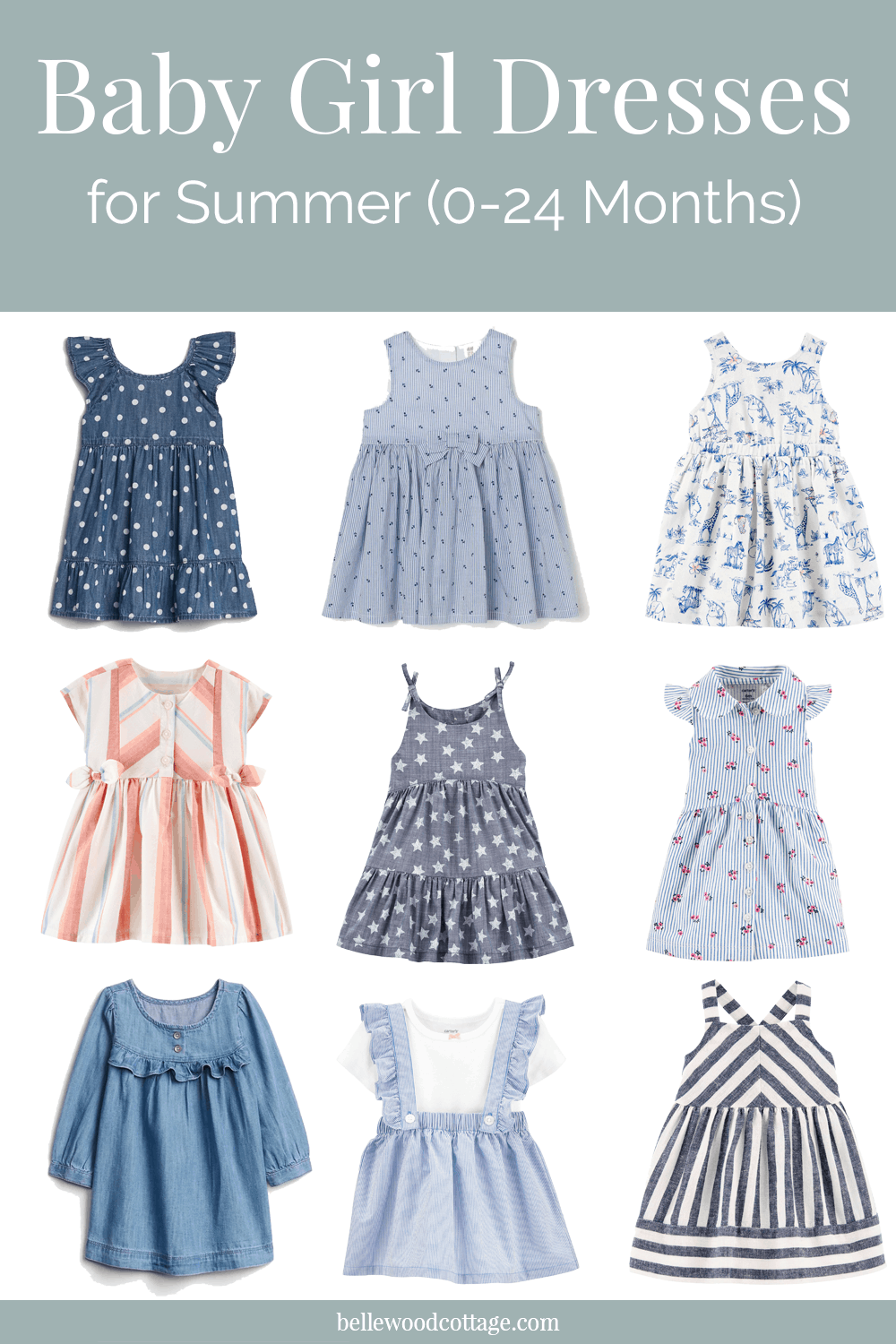 A collage of mainly blue summer dresses for baby girls.