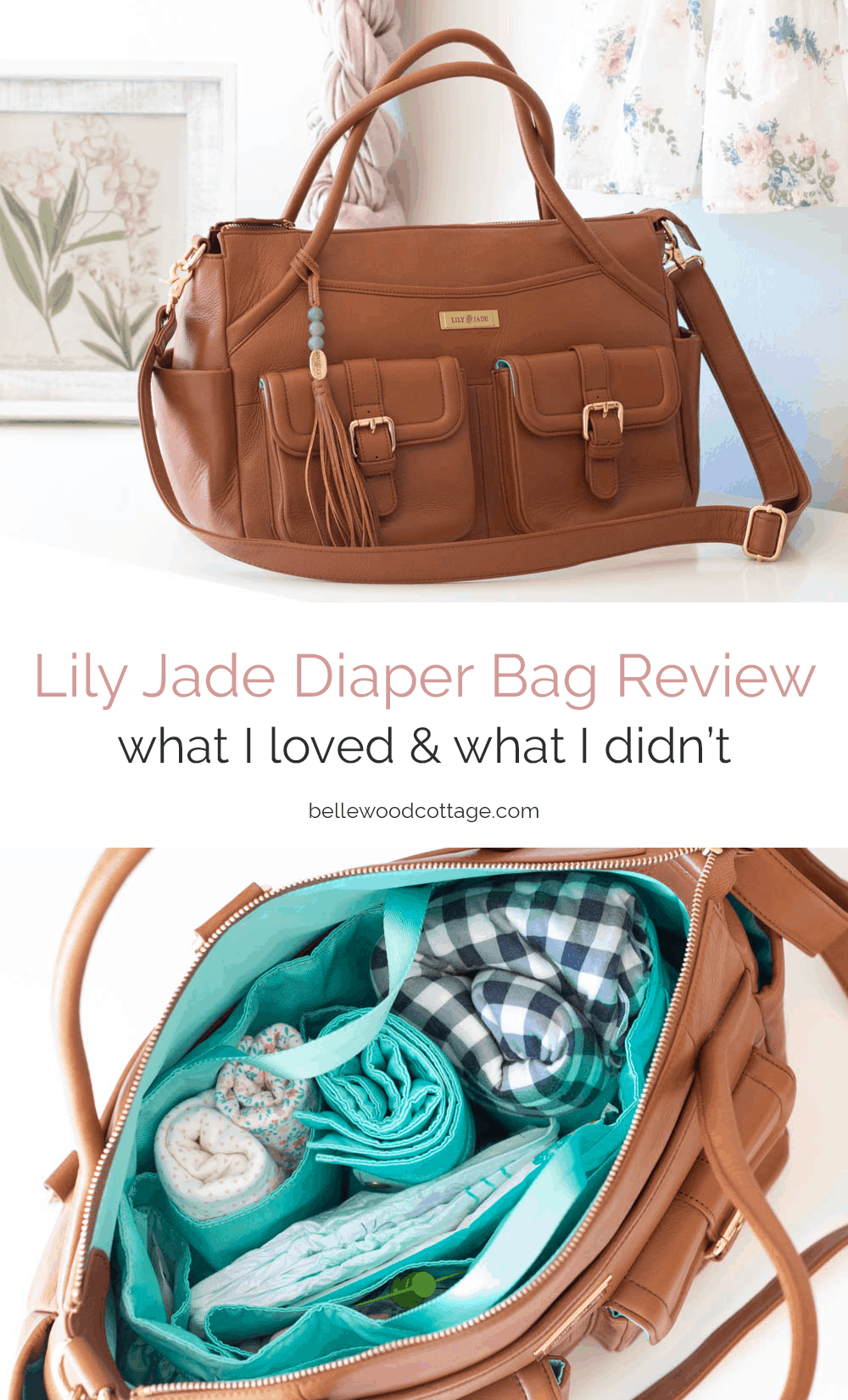 A collage image of a large diaper bag and the interior view of the packed diaper bag with the words, "Lily Jade Diaper Bag Review" across the image.