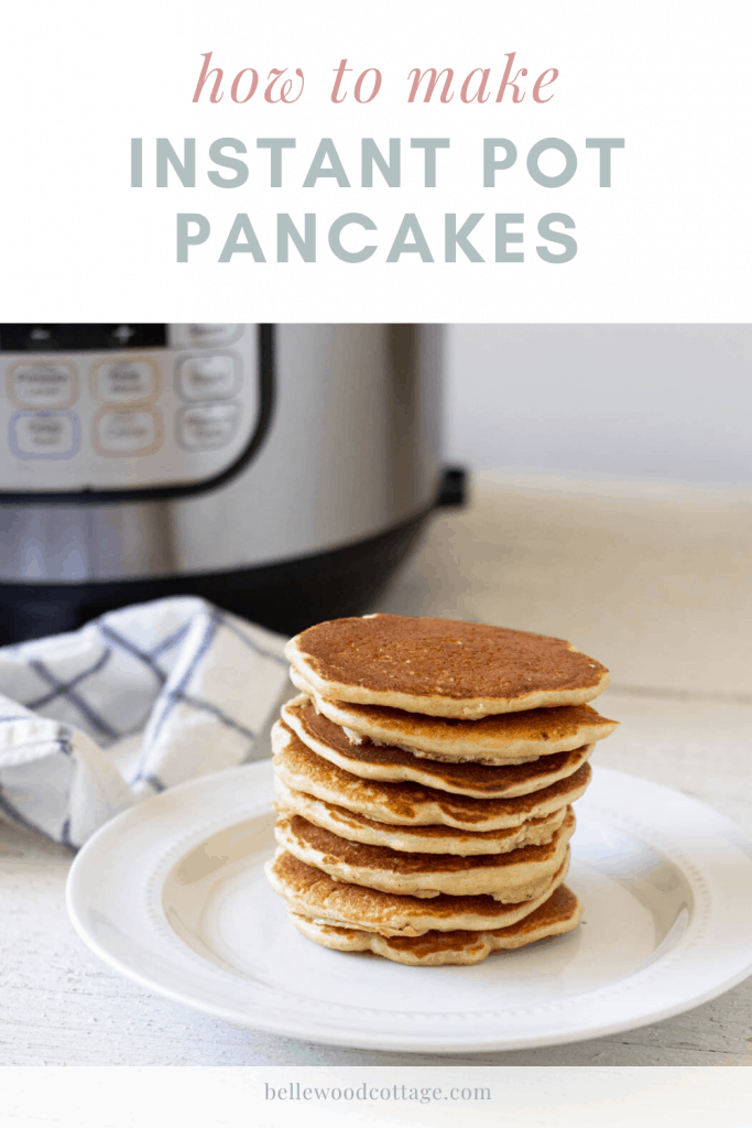 Stack of pancakes on a white plate in front of an Instant Pot.