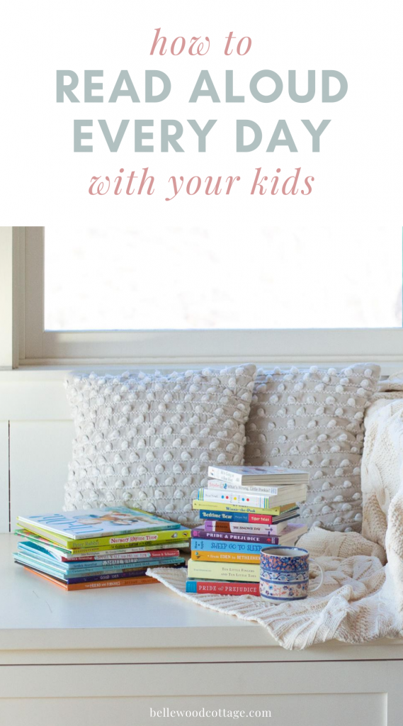 Kids' books on a window seat with the words, "How to Read Aloud Every Day with Your Kids"