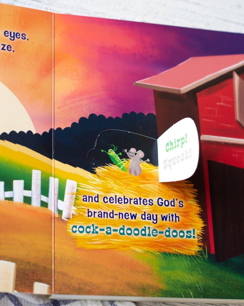 Lift-the-flap page showing a mouse and a cricket in a farm animal board book.