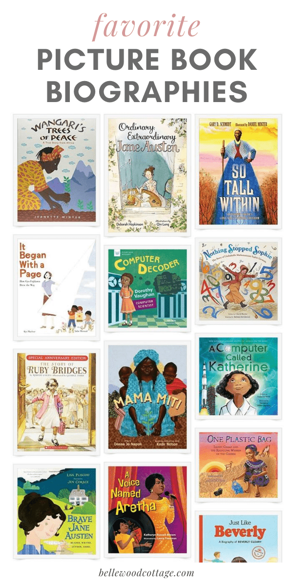 A collage image of favorite picture book biographies of women in history (women include Gyo Fujikawa, Jane Austen, Aretha Franklin, and Beverly Cleary).