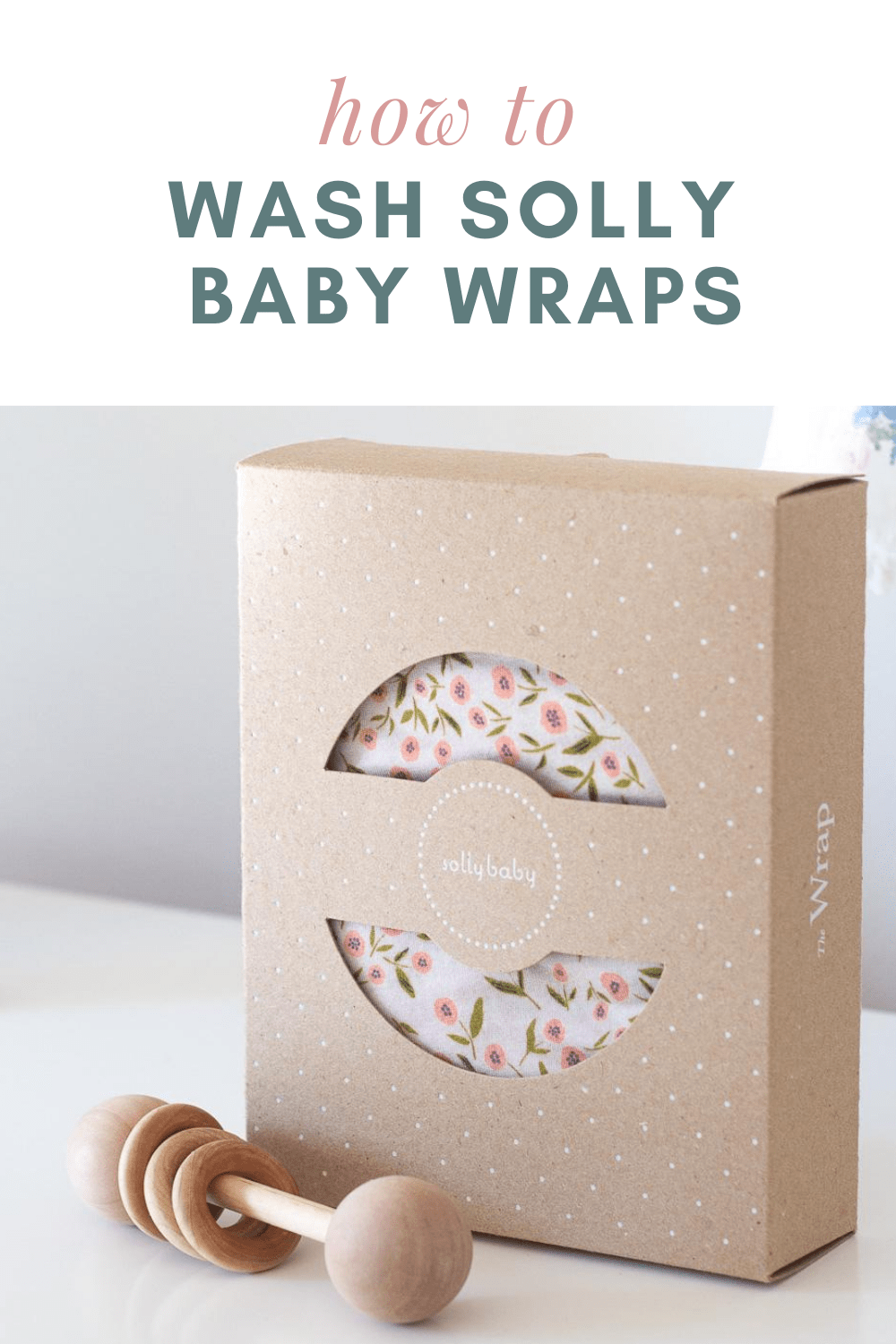 Solly Baby Wrap in a box with the words, “How to Wash a Solly Baby Wrap” on the image.