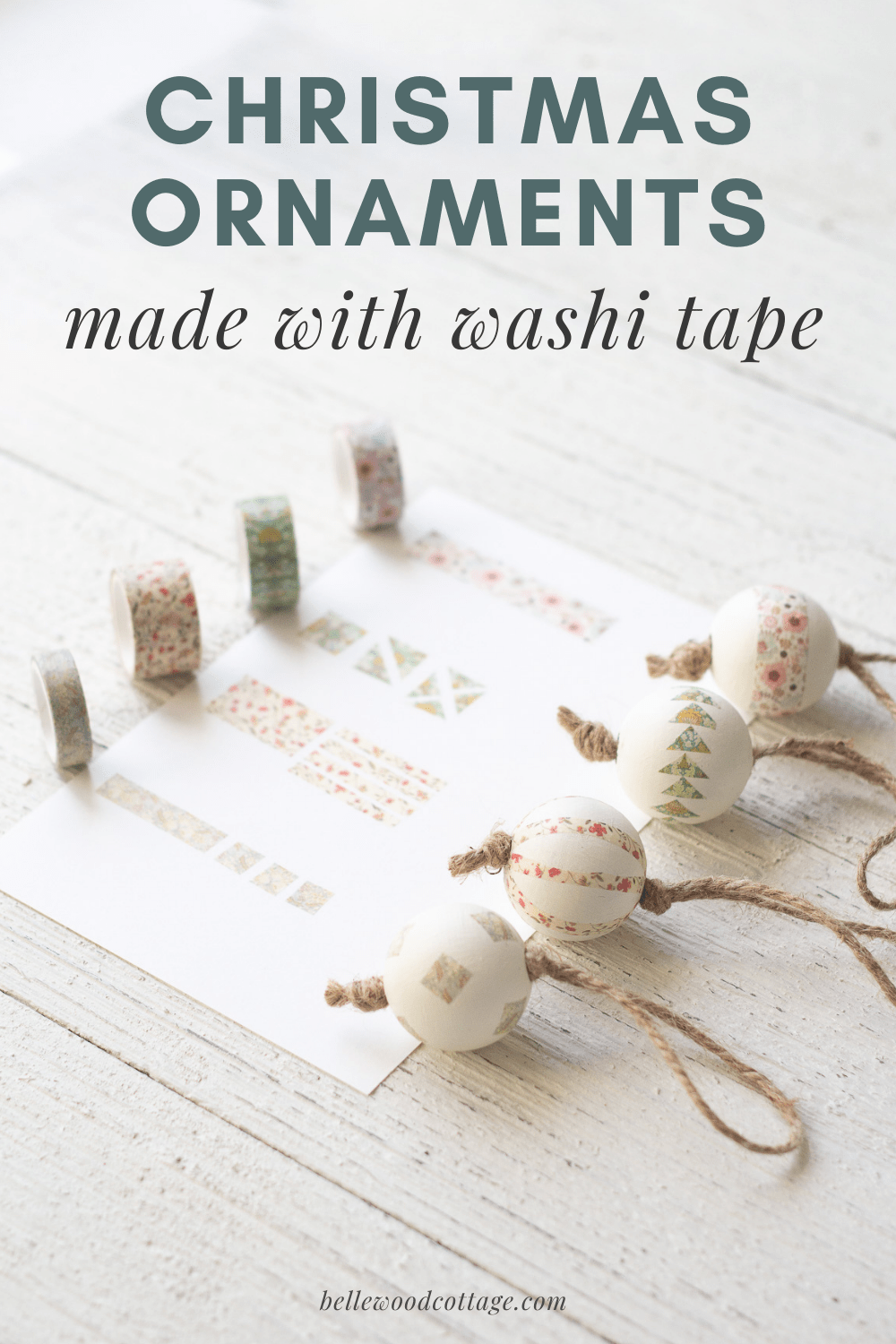 Washi tape and decorated Christmas ornaments on a wooden surface, with the words "Christmas Ornaments Made with Washi Tape" above.