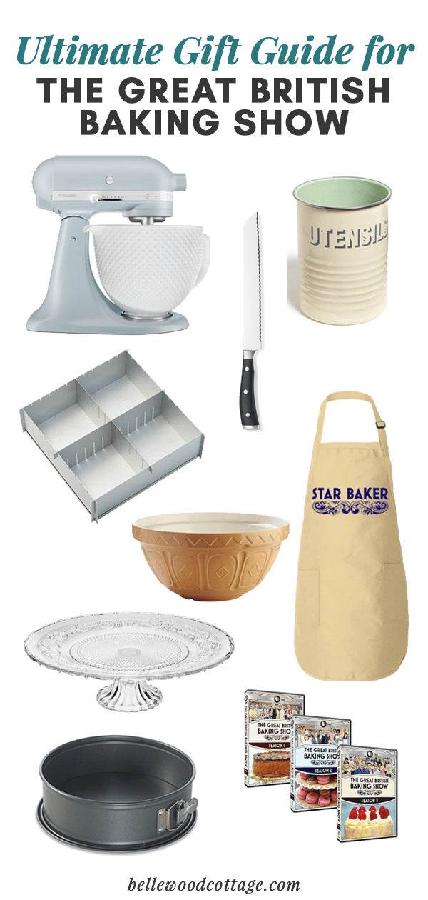 A selection of baking products in a collage with the text, "Ultimate Gift Guide for the Great British Baking Show."