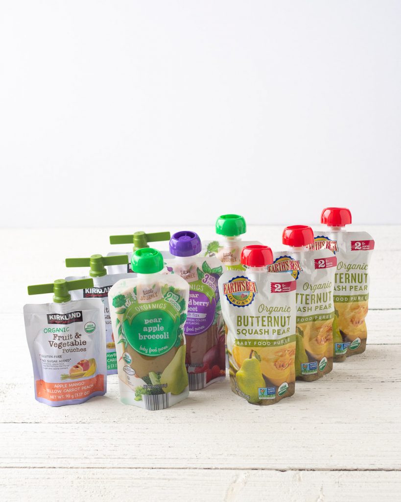 A selection of favorite baby food pouches including Kirkland Signature, Little Journey, and Earth's Best Organic.