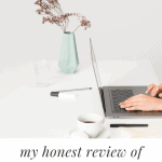 A woman typing at a laptop with the words, "my honest review of Restored 316 WordPress Themes"