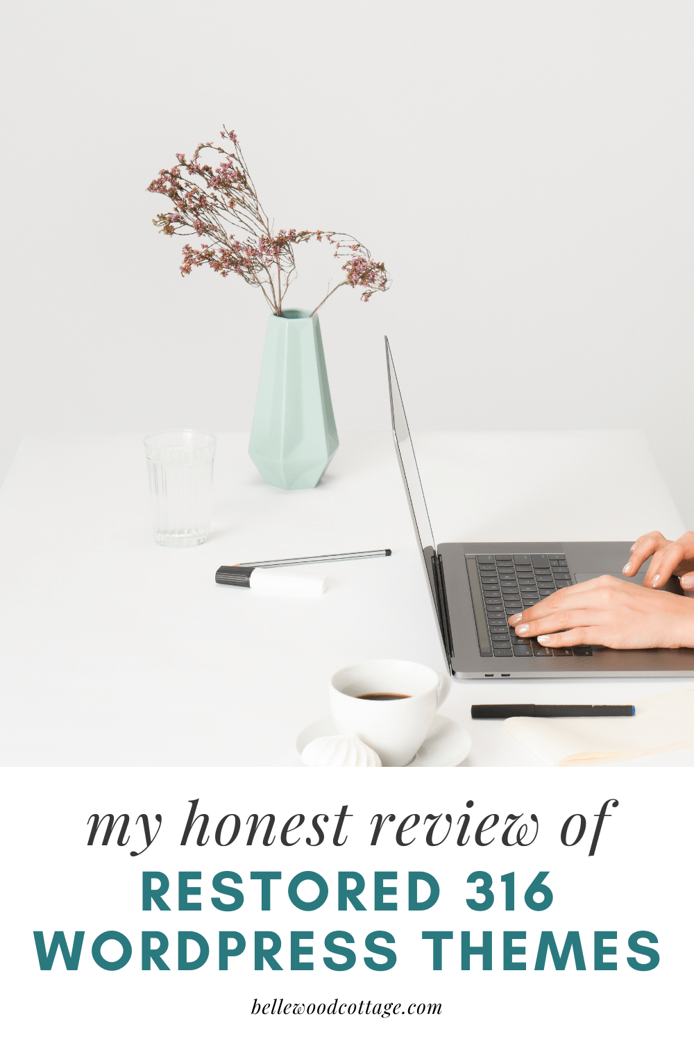 A woman typing at a laptop with the words, "my honest review of Restored 316 Wordpress Themes"