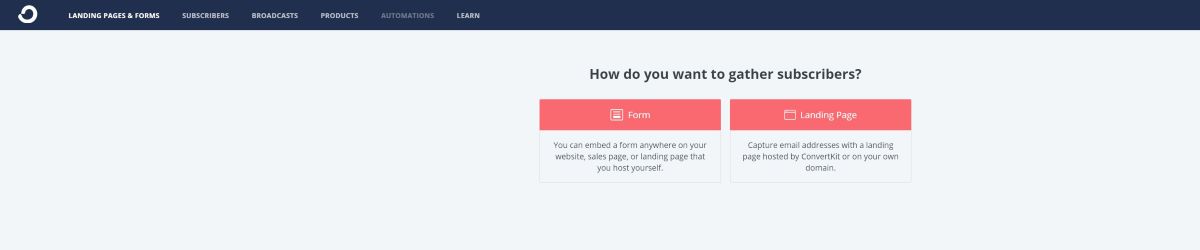 A screenshot of the "landing forms and pages" section in ConvertKit.