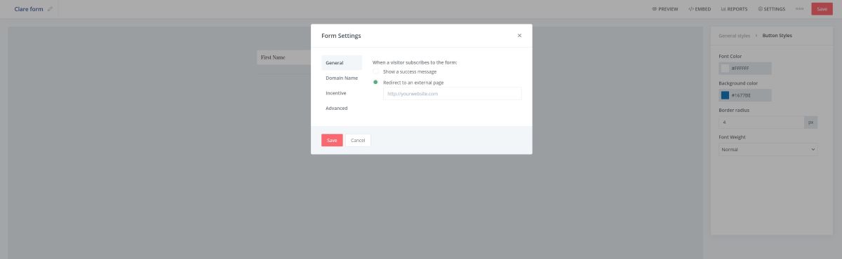 A screenshot of customizing the Clare Form in ConvertKit.