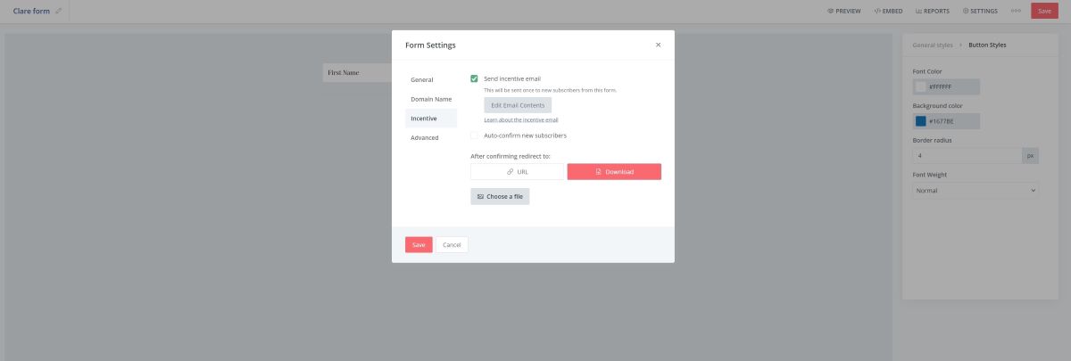 A screenshot of customizing the Clare Form in ConvertKit.