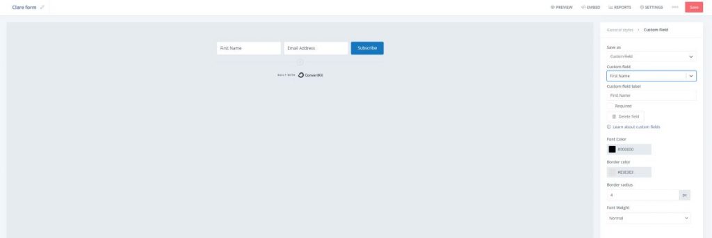 A screenshot of setting up the Clare Form in ConvertKit.
