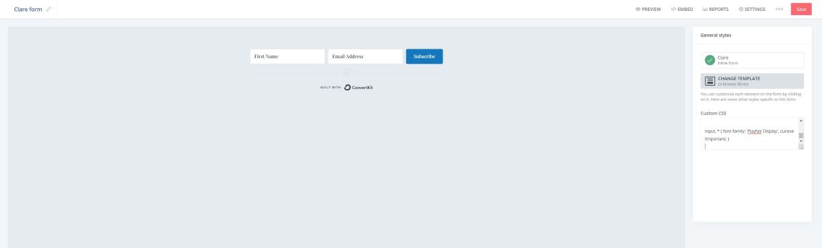 A screenshot of using CSS to update the Clare Form in ConvertKit.