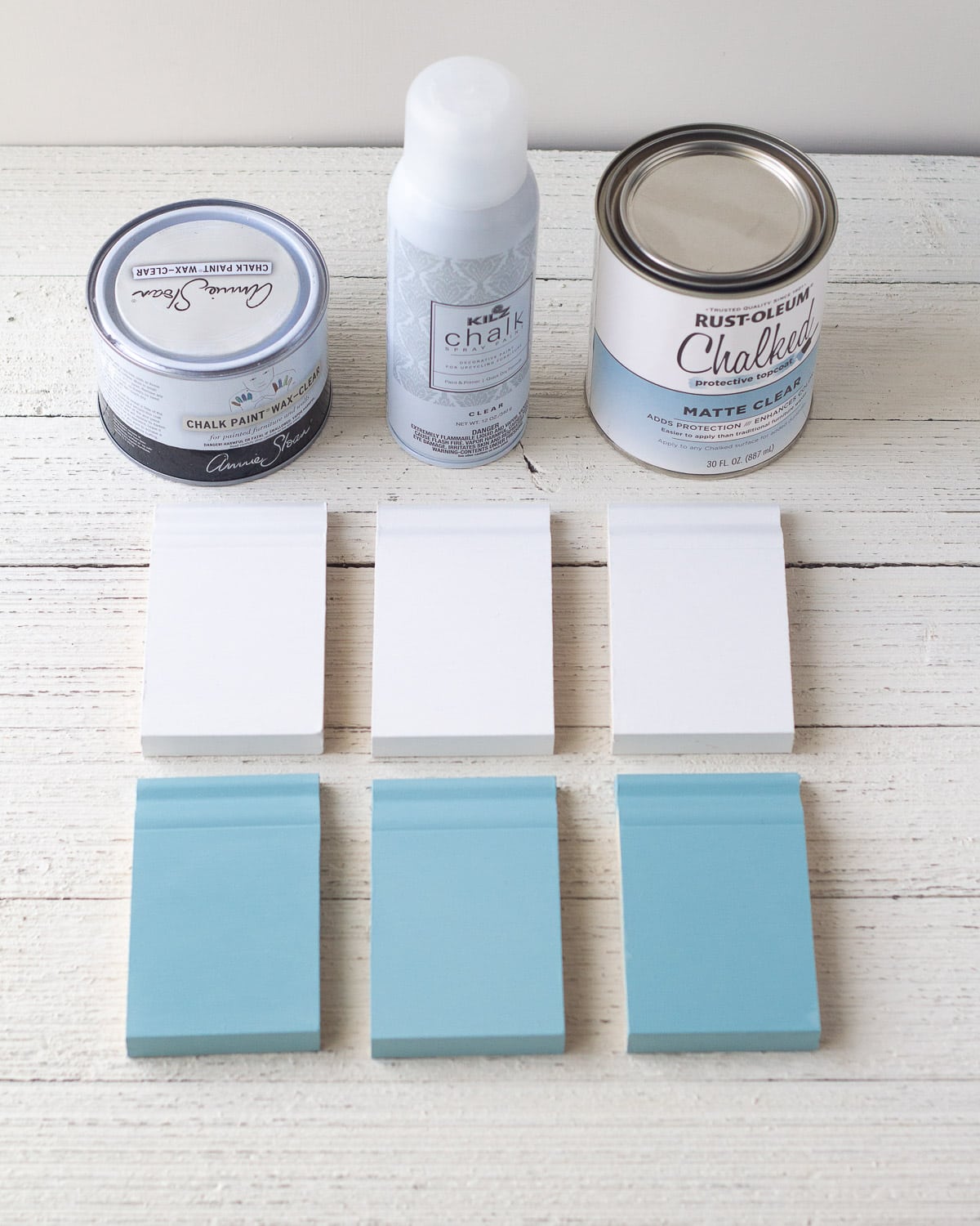 Showing how to seal chalk paint with three varieties of clear finishes on six small chalk paint samples.