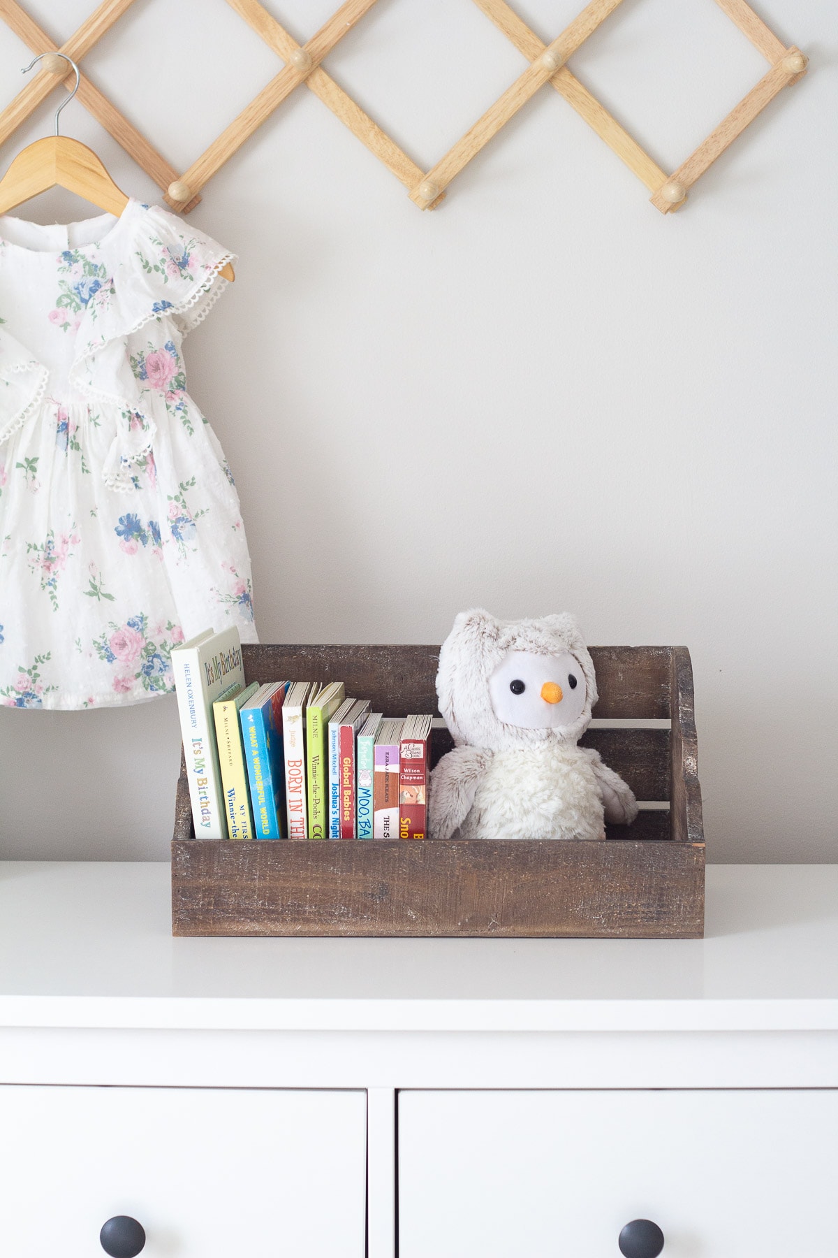 Kids book's displayed in a wall shelf cubby on a dresser.